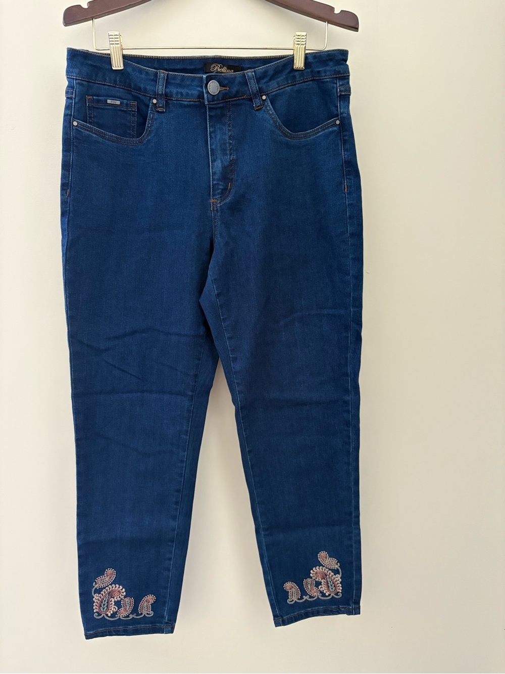 Relaxed Dark Blue Women’s Jeans with Embroidered Hem - , Size 16